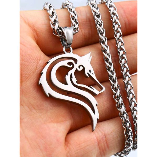 Edelstahl Kette mit Anhänger Wolf, poliert, silberfarben