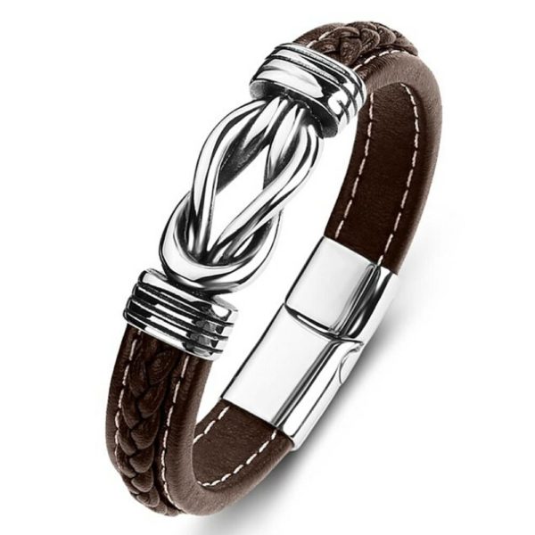 Lederarmband mit Edelstahldesign und Flechtung, Magnetverschluss Farbe braun 21cm