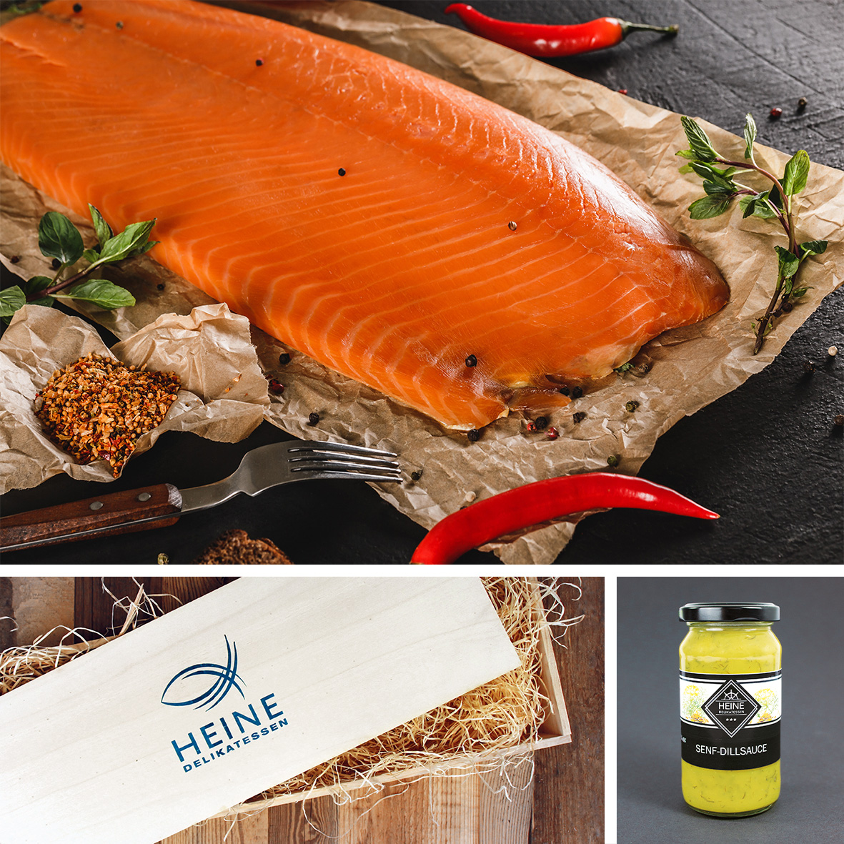 Sockeye Wildlachs | 500 g in Scheiben + HEINE Senf-Dillsauce in der Holzkiste
